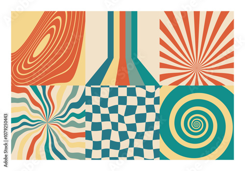 Psychedelic retro abstract backgrounds 70s style set. Vintage distorted patterns.