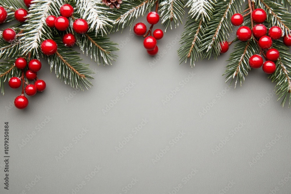 Minimalist Christmas border featuring snow-dusted pine branches and red berries on a subtle gray backdrop Minimalist Christmas border featuring snow-dusted pine branches and red berries on a subtle gray backdrop