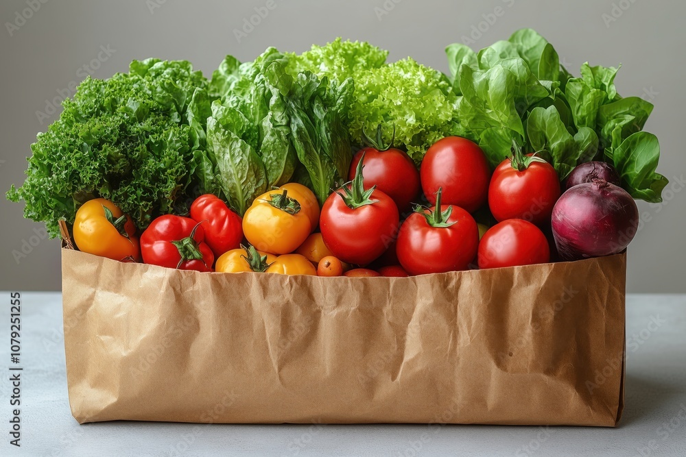 Overflowing with vibrant and colorful vegetables, a variety of tomatoes, lettuce, and other greens spill out from a brown paper bag on a table, hinting at a fresh and nutritious grocery haul Overflowing with vibrant and colorful vegetables, a variety of tomatoes, lettuce, and other greens spill out from a brown paper bag on a table, hinting at a fresh and nutritious grocery haul