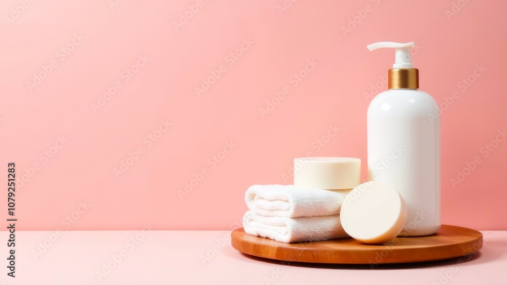 Set of Shower and hygiene, stands on the right. Soap, shampoo bottle and towels on a wooden tray, light pink background. Empty copy space, banner Set of Shower and hygiene, stands on the right. Soap, shampoo bottle and towels on a wooden tray, light pink background. Empty copy space, banner