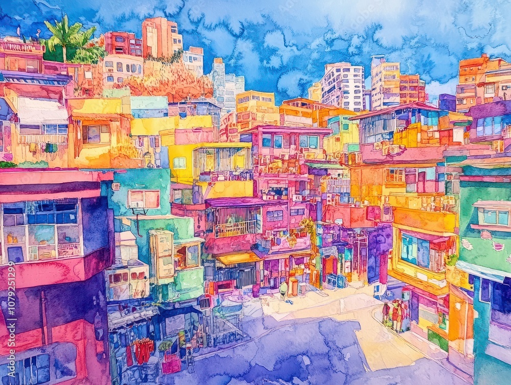 Fototapeta premium Watercolor painting of a city landscape, divided into colorful segments.