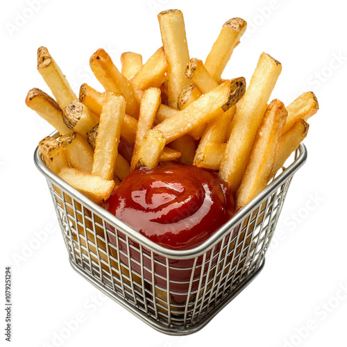 French fries in basket with ketchup isolated on transparent background.