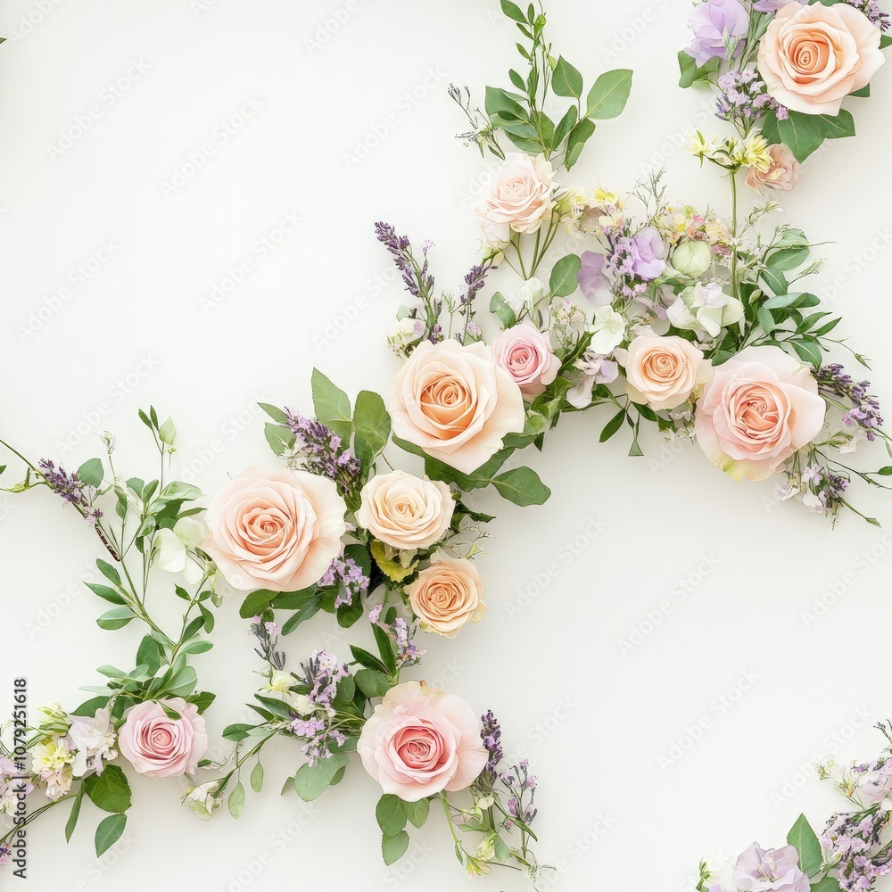 A delicate arrangement of pink roses and lush greenery on a soft background, showcasing the beauty of floral design and elegance. A delicate arrangement of pink roses and lush greenery on a soft background, showcasing the beauty of floral design and elegance.
