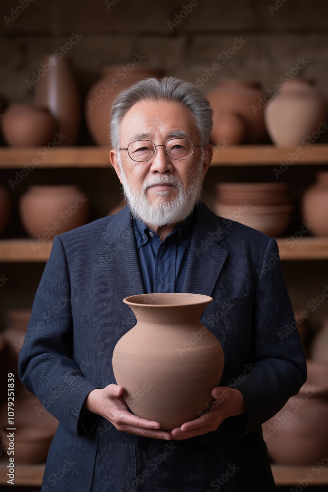Elderly artisan showcasing handcrafted pottery in a traditional studio setting Elderly artisan showcasing handcrafted pottery in a traditional studio setting