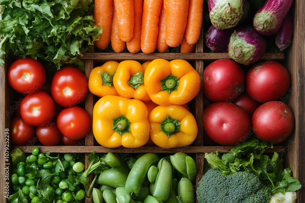 Vibrant and healthy assortment of fresh vegetables creatively displayed in a wooden crate, including tomatoes, peppers, carrots, lettuce, peas, broccoli, and eggplant Vibrant and healthy assortment of fresh vegetables creatively displayed in a wooden crate, including tomatoes, peppers, carrots, lettuce, peas, broccoli, and eggplant
