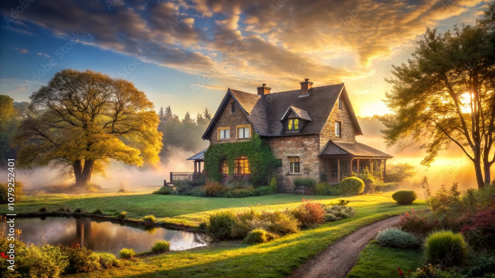 Country house in a picturesque place with a pond and fog, autumn landscape, ethereal atmosphere Country house in a picturesque place with a pond and fog, autumn landscape, ethereal atmosphere