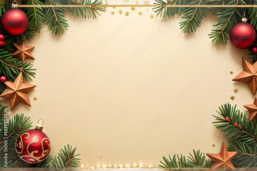 Elegant Christmas Background with Festive Border of Ornaments and Pine Branches. Elegant Christmas Background with Festive Border of Ornaments and Pine Branches.