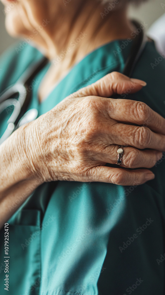 Close-up of a senior doctor's wrinkled hand resting on their shoulder, conveying experience, care, and professionalism in healthcare Close-up of a senior doctor's wrinkled hand resting on their shoulder, conveying experience, care, and professionalism in healthcare
