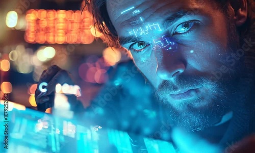 A focused individual interacting with a futuristic digital interface.