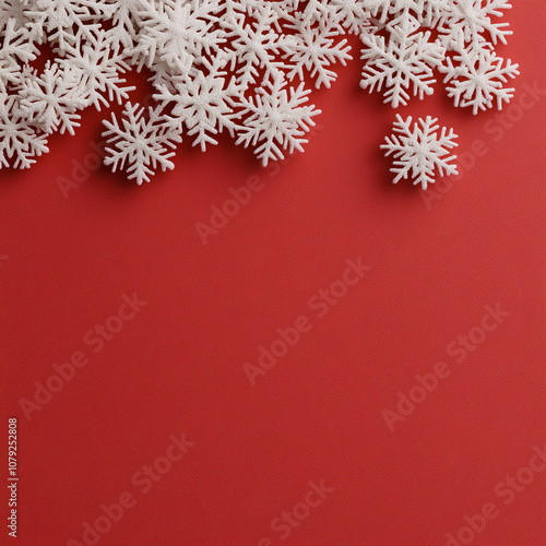 Merry Christmas, Happy New Year. Red background golden white Christmas snowflakes close up