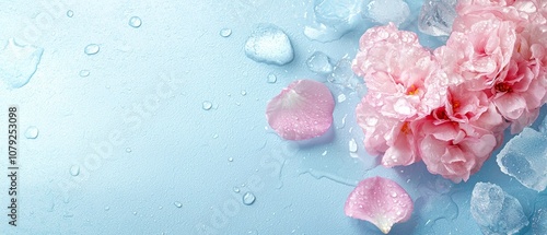 A bunch of pink flowers and ice on a blue background