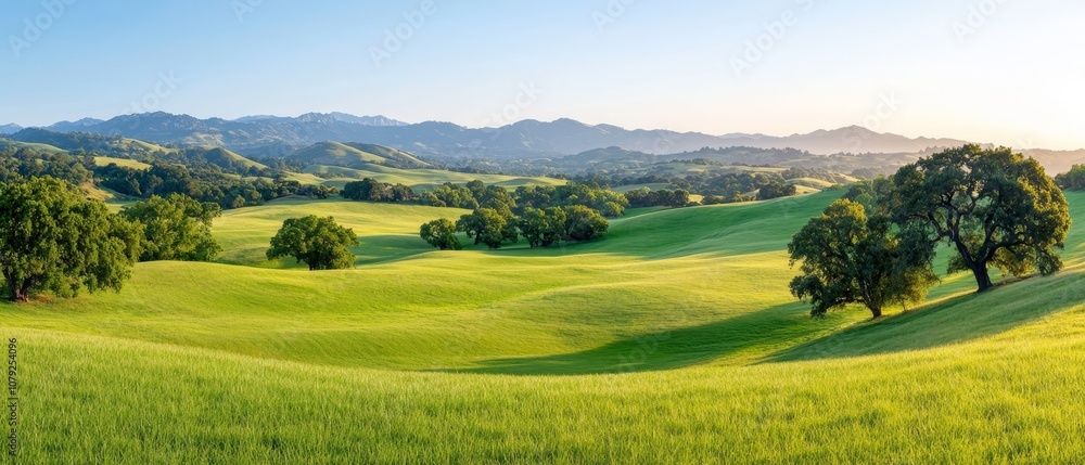 A green field with trees and mountains in the background A green field with trees and mountains in the background