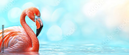 A pink flamingo standing in the water with a blue background