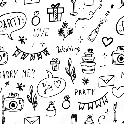 Seamless pattern with wedding-themed elements, including rings, cake, champagne, gifts, flowers and hearts. Wedding background with doodles line art.