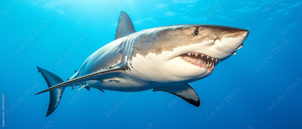 Obraz premium A great white shark swimming in the ocean with its mouth open