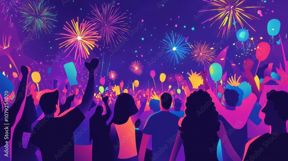 Vibrant new years banner with fireworks and cheering crowd - Vibrant new years banner with fireworks and cheering crowd -