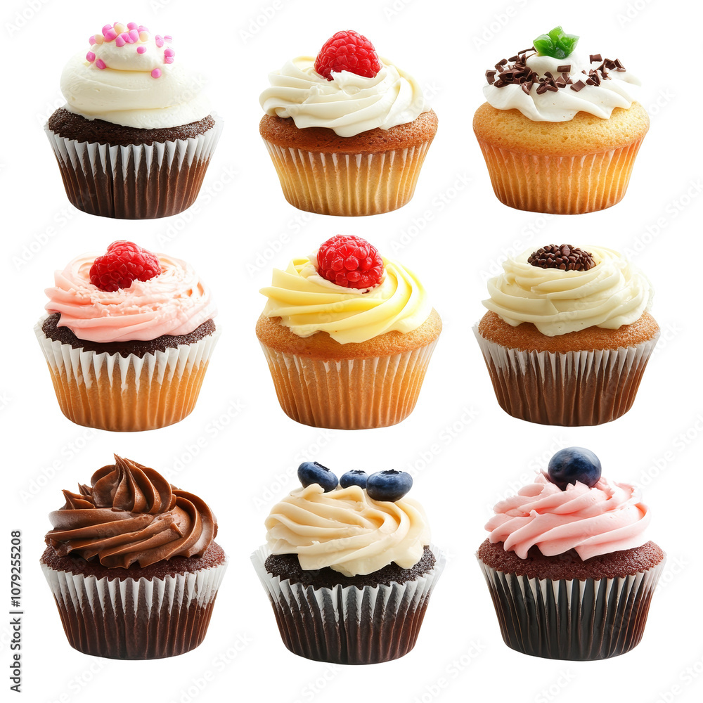 A delightful assortment of freshly baked cupcakes arranged in a grid on a transparent background, showcasing diverse flavors and toppings, fresh cup cake isolated on transparent background A delightful assortment of freshly baked cupcakes arranged in a grid on a transparent background, showcasing diverse flavors and toppings, fresh cup cake isolated on transparent background