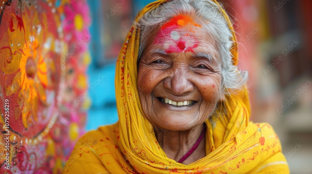 Fototapeta premium Against vibrant backgrounds, a dignified grandma's peaceful smile radiates with the serenity and fulfillment of a life well-lived