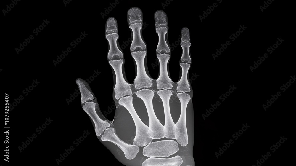Medical X-ray of a right hand showing amputation of the middle and index fingers, clear bones and details on a black background Medical X-ray of a right hand showing amputation of the middle and index fingers, clear bones and details on a black background
