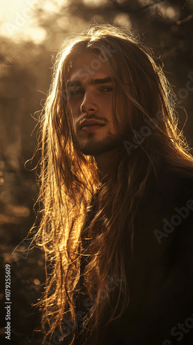 Portrait of a handsome young male model with long blond hair posing in nature at sunset