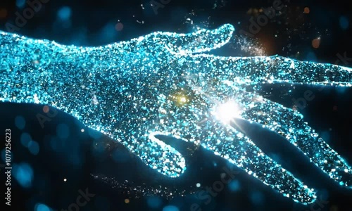 A glowing hand made of particles and light in a cosmic setting.