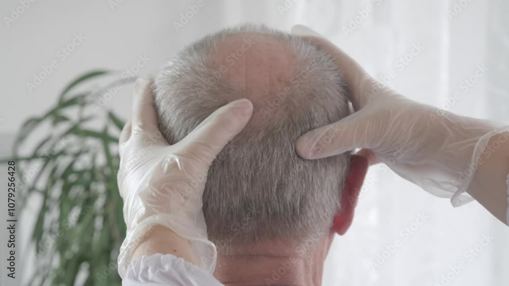 trichologist examines man’s scalp with balding areas, focusing on hair health and potential hair transplant solutions, preparation for hair transplant, hair check trichologist examines man’s scalp with balding areas, focusing on hair health and potential hair transplant solutions, preparation for hair transplant, hair check
