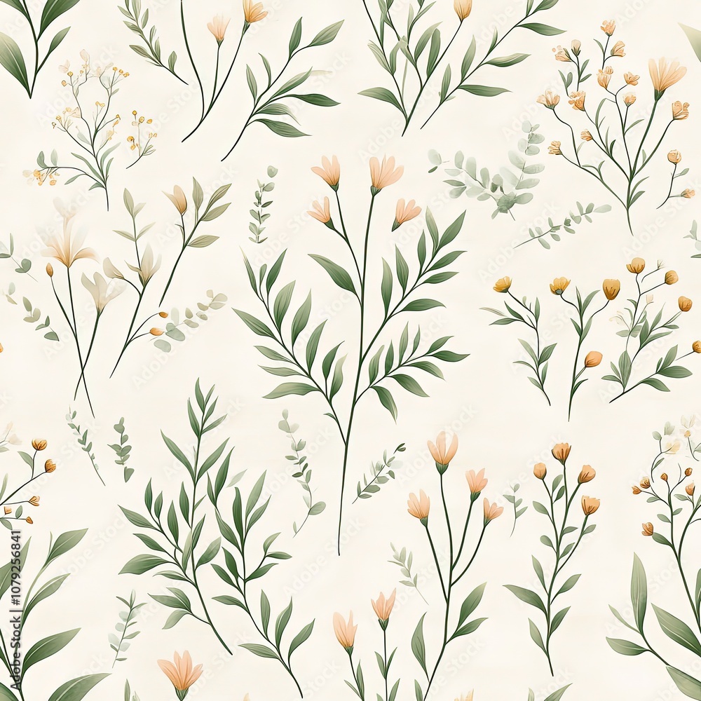 Fototapeta premium A patterned design featuring various green leaves and delicate flowers on a light background, perfect for textiles or art.