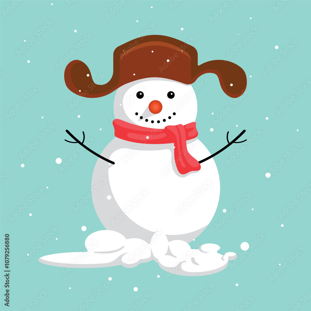 Smiling snowman in a hat and scarf on a blue background and falling snow. New Year symbol. Vector flat illustration Smiling snowman in a hat and scarf on a blue background and falling snow. New Year symbol. Vector flat illustration
