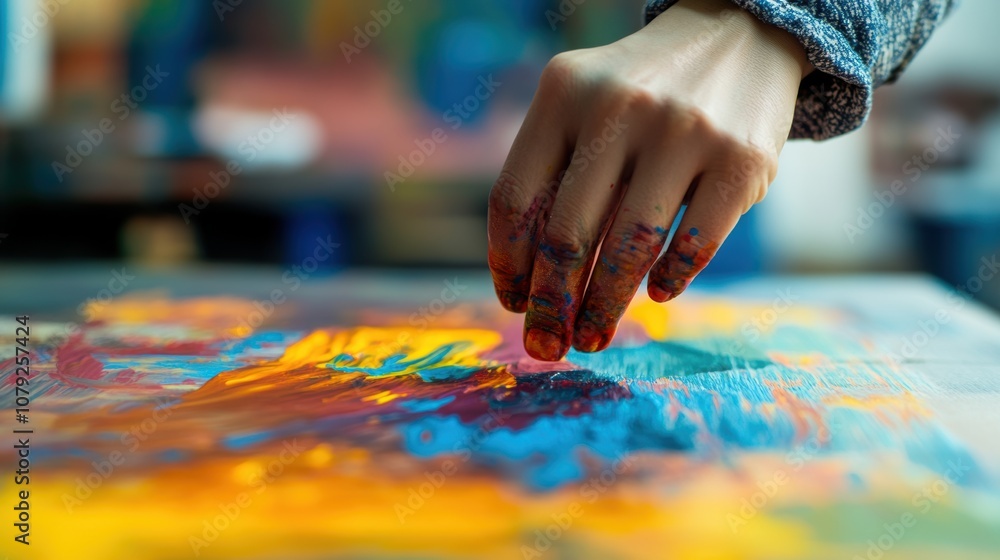 Hands pressing vibrant colored ink onto paper as part of a monoprinting process, showcasing expressive motion and the creative action of ink blending, with focus on the artistic details and colorful Hands pressing vibrant colored ink onto paper as part of a monoprinting process, showcasing expressive motion and the creative action of ink blending, with focus on the artistic details and colorful