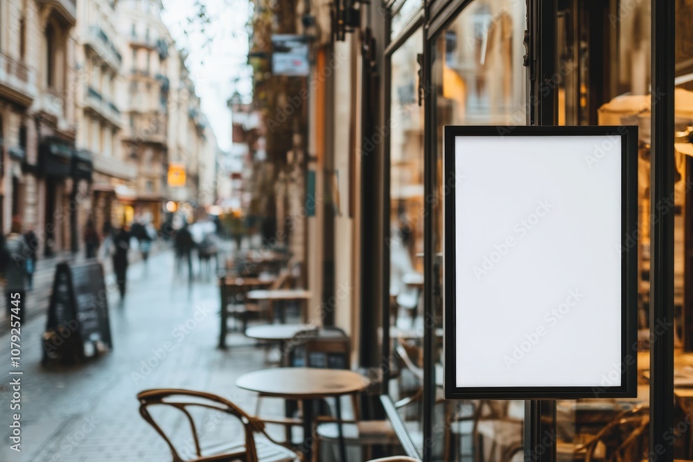 Vibrant City Street with Outdoor Cafe and Empty Billboard Mockup Vibrant City Street with Outdoor Cafe and Empty Billboard Mockup