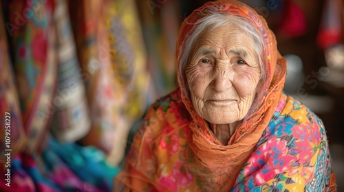 Against vibrant backgrounds, a dignified grandma's peaceful smile radiates with the serenity and fulfillment of a life well-lived