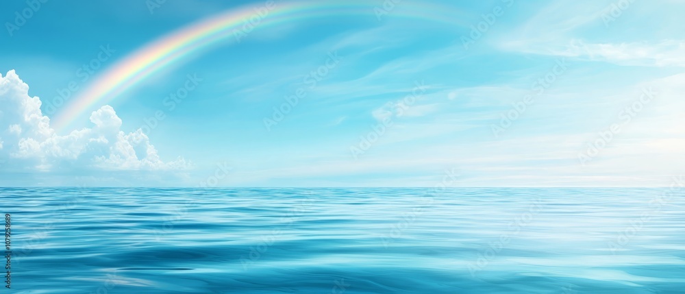 A rainbow in the sky over a body of water A rainbow in the sky over a body of water