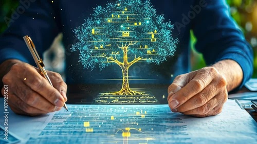 Innovative conceptual art: tree of knowledge drawn in luminous digital style
