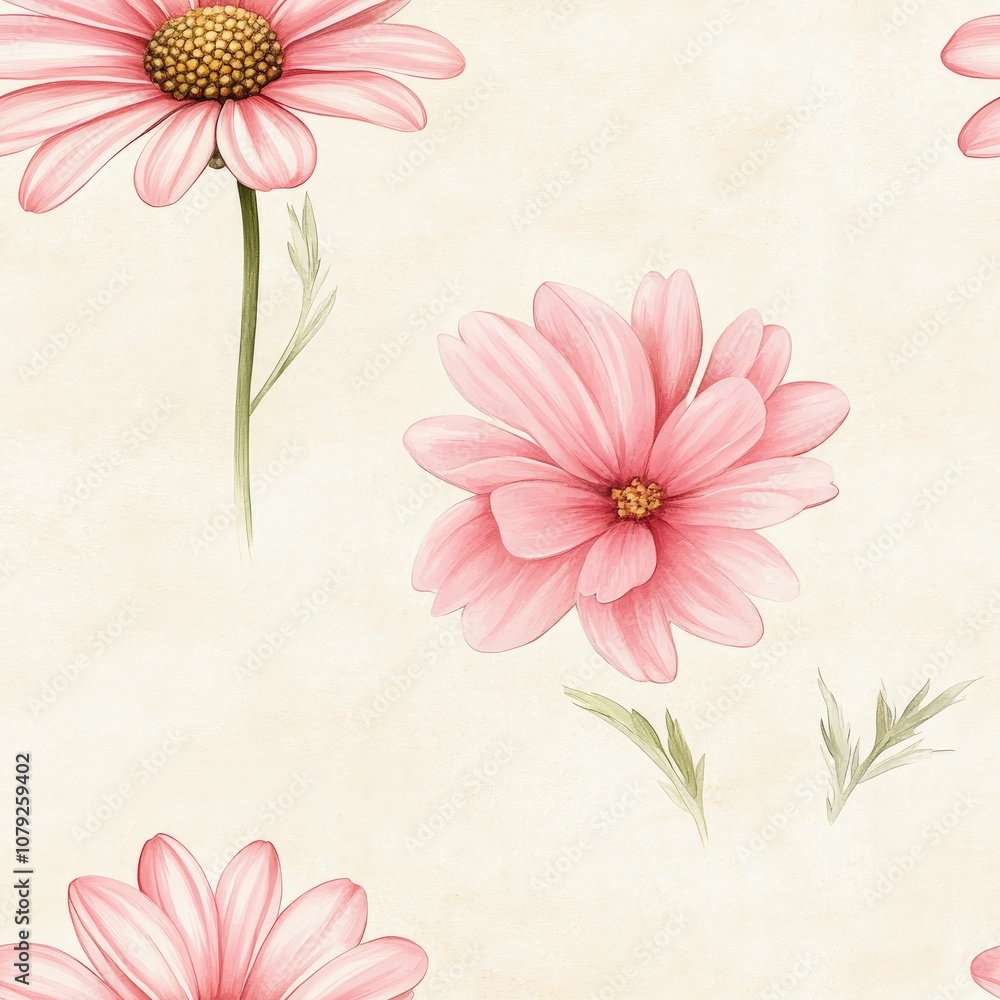Fototapeta premium A decorative floral pattern featuring soft pink daisies on a light, neutral background, ideal for wallpaper or fabric design.