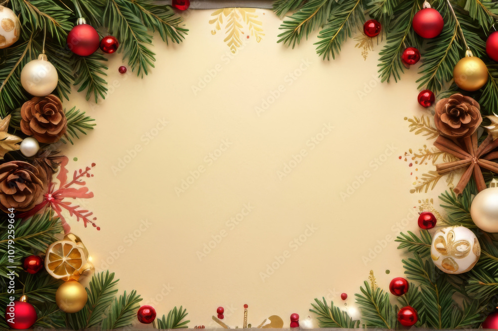 Elegant Christmas Background with Festive Border of Ornaments and Pine Branches. Elegant Christmas Background with Festive Border of Ornaments and Pine Branches.