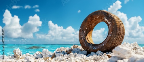 A tire on a rocky beach with the ocean in the background