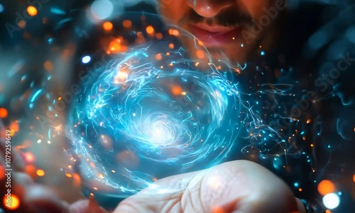 A young man conjuring a glowing cosmic sphere in his hands.