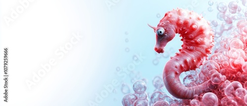 A red seahorse surrounded by bubbles on a blue background photo