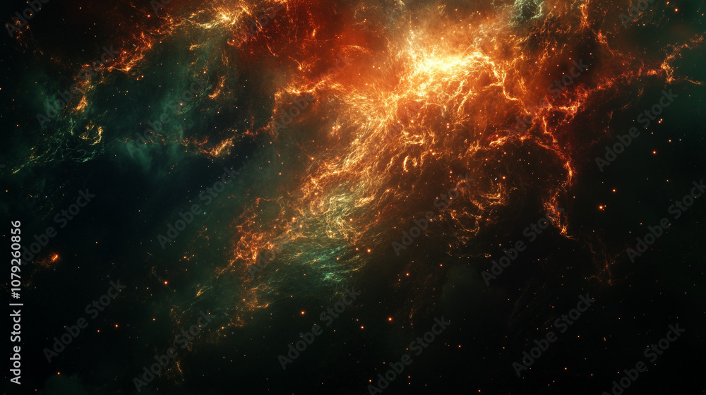 Fiery Nebula in Deep Space with Green and Orange Hues Fiery Nebula in Deep Space with Green and Orange Hues