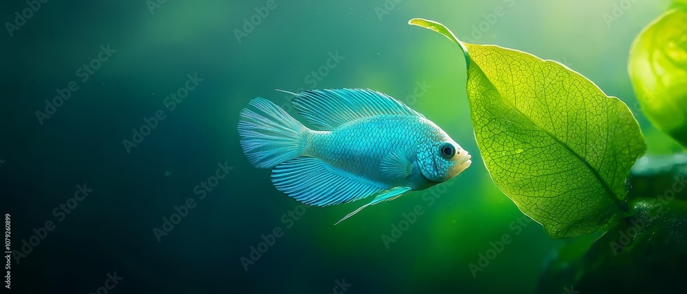 A blue fish swimming in an aquarium next to a green leaf A blue fish swimming in an aquarium next to a green leaf
