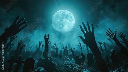 A horde of zombie hands reach up towards a full moon in a creepy graveyard.
