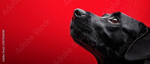 A black dog looking up at the sky