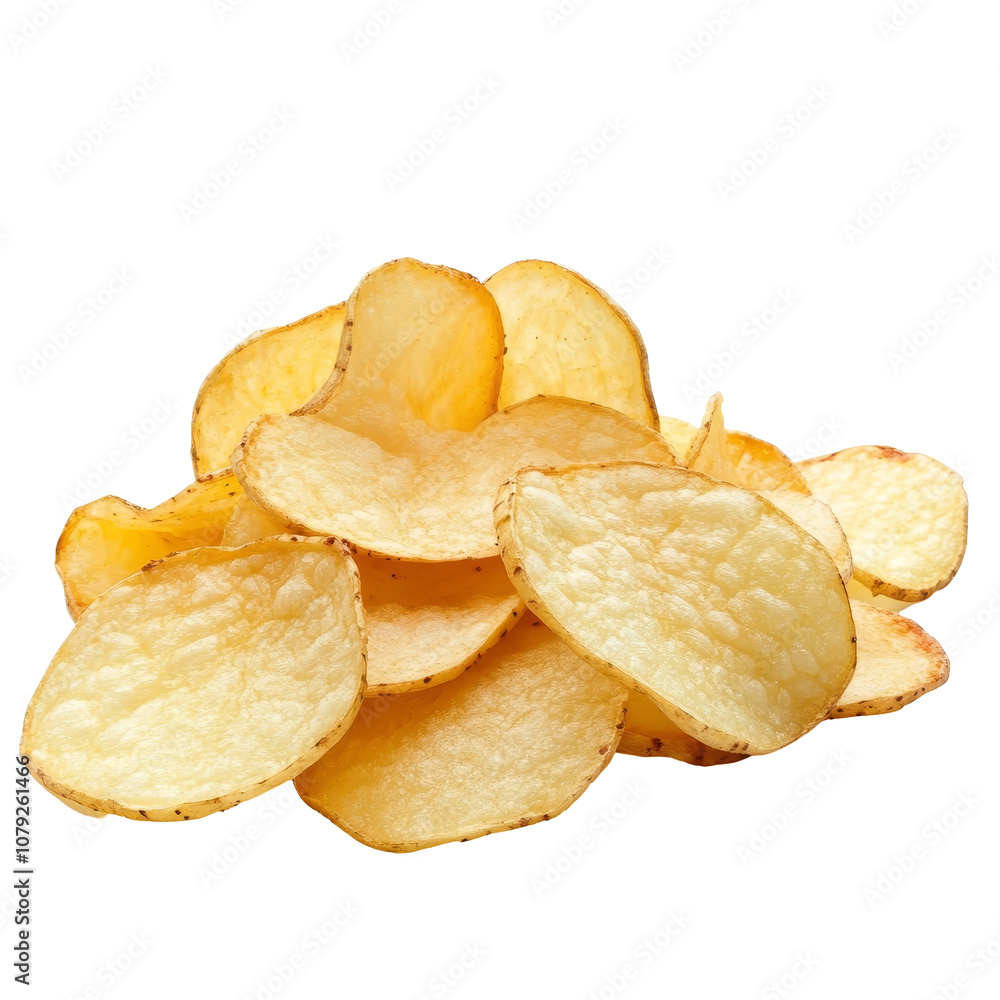 Crispy potato slices arranged creatively into a pile ideal for snacking or serving at gatherings, Potato slice into potato chips isolated Crispy potato slices arranged creatively into a pile ideal for snacking or serving at gatherings, Potato slice into potato chips isolated