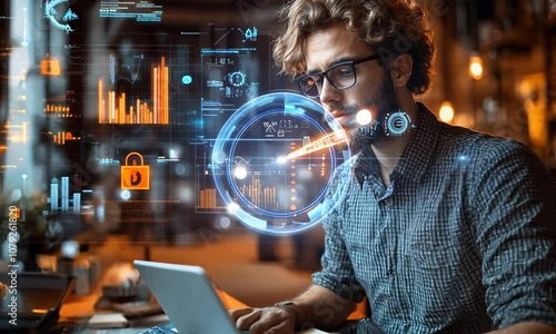 A young man analyzes data on a laptop with digital graphics.