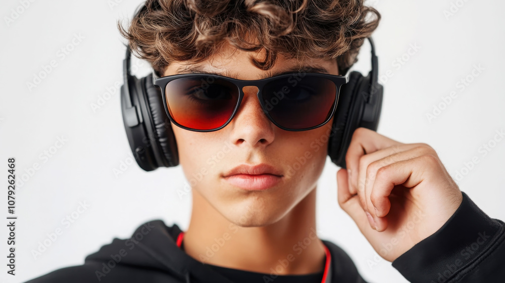 Trendy young man with curly hair wearing sunglasses and headphones Trendy young man with curly hair wearing sunglasses and headphones
