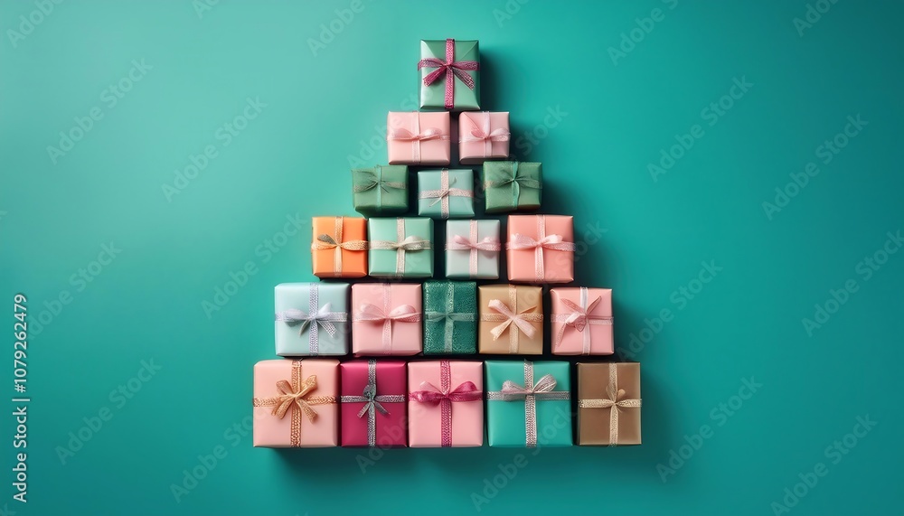A holiday display featuring stacked gift boxes arranged in a Christmas tree shape in a vibrant setting. Generative AI A holiday display featuring stacked gift boxes arranged in a Christmas tree shape in a vibrant setting. Generative AI