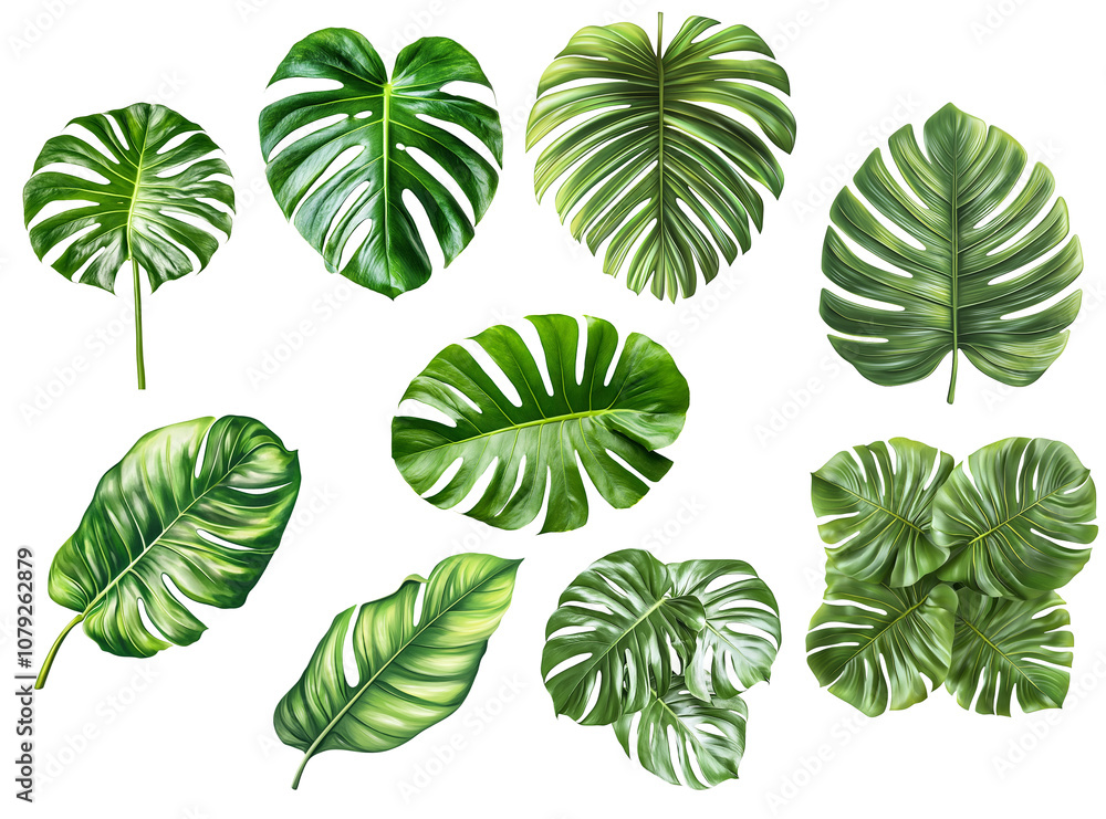 Fototapeta premium Monstera leaves set Isolated on transparent background, png.