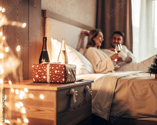 Christmas gift, present and happy couple celebrate the holiday at hotel with champagne. Love, happiness and vacation celebration of a girlfriend and boyfriend smile and drink in a bedroom together 