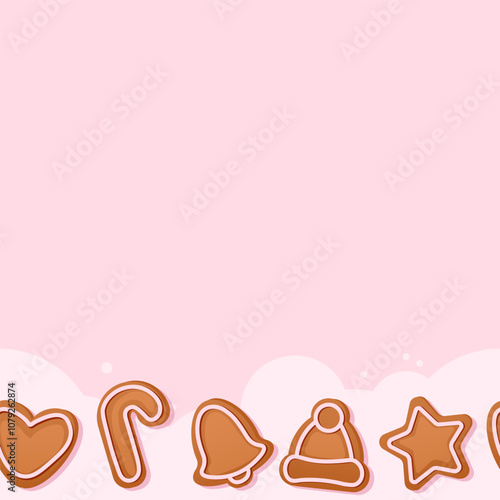 Seamless border of scattered translucent flour and gingerbread on a pink background