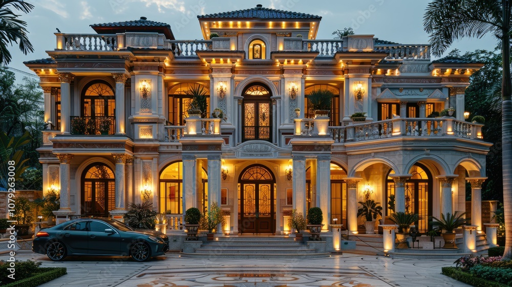 Naklejka premium A large, luxurious mansion with a grand facade and a black car parked in front.